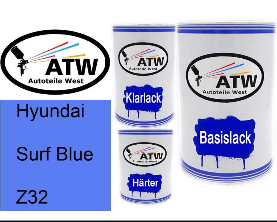 Hyundai, Surf Blue, Z32: 500ml Lackdose + 500ml Klarlack + 250ml Härter - Set, von ATW Autoteile West.